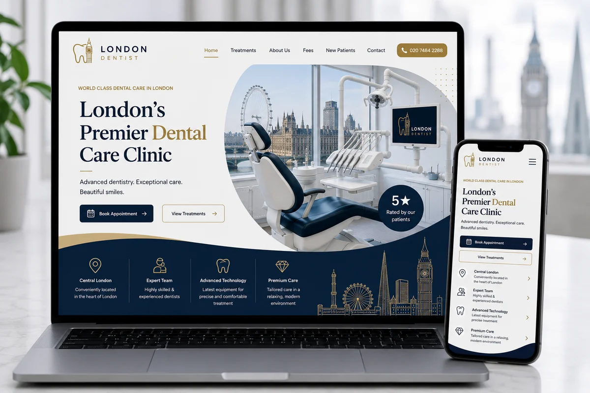 London Dentist - Premium dental website design with navy and gold theme